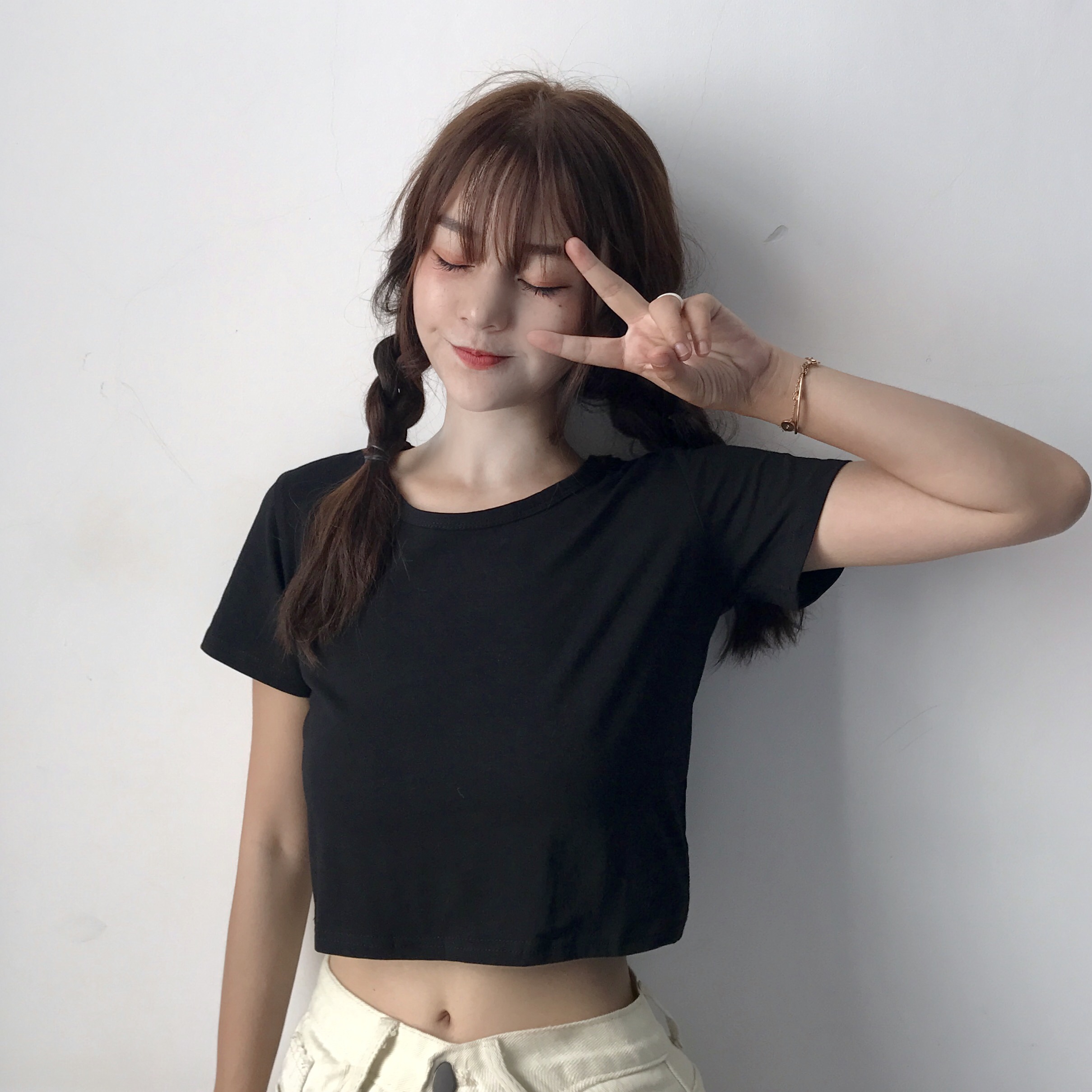 新版韩版短款纯色漏肚脐弹力修身短袖tee 显瘦上衣女打底