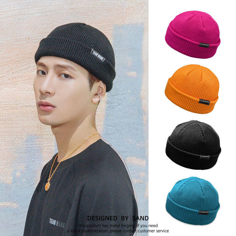 王嘉尔同款冷帽子teamwang短款针织帽潮男瓜皮帽玫红橘黑蓝毛线帽