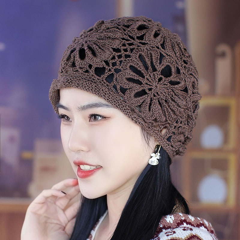镂空花朵帽子女秋冬韩版可爱毛线帽钩花针织包头帽时尚百搭骑车帽