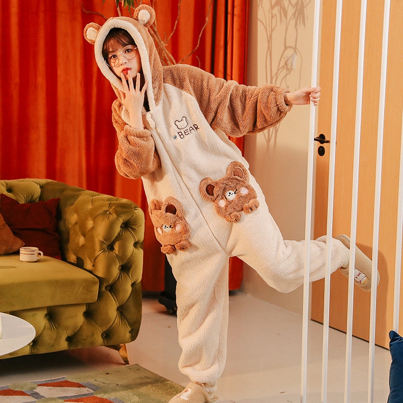 连体睡衣女秋冬款珊瑚绒加厚加绒2022年新款冬季可爱小熊套装冬天