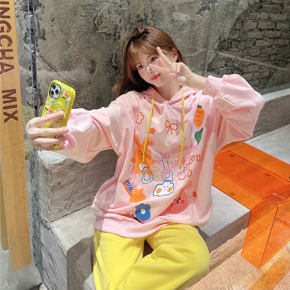 jenniferjxliu韩国秋冬减龄甜美粉卡通涂鸦印花刺绣连帽卫衣女