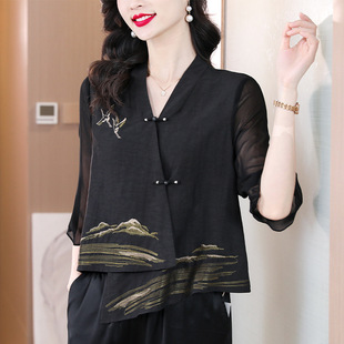 重磅香云纱衬衫女2023夏季新款中国风复古盘扣设计感小开衫短外套