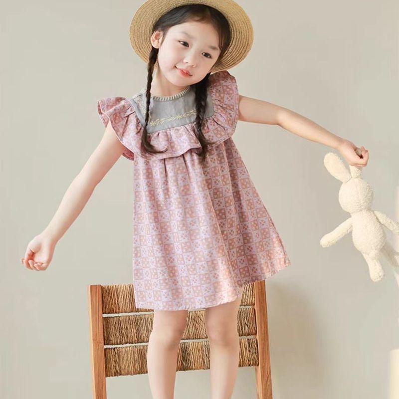 韩国女童2024夏季新款森系格子连衣裙洋气时尚网红无袖翻领公主裙