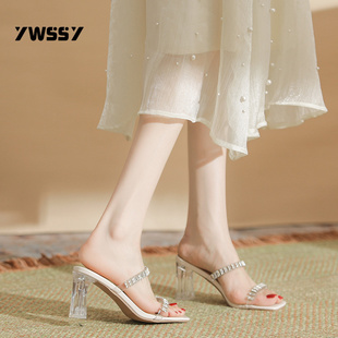 H197-26一直带钻饰夏季高跟凉鞋女粗跟透明水晶跟气质小甜美女鞋