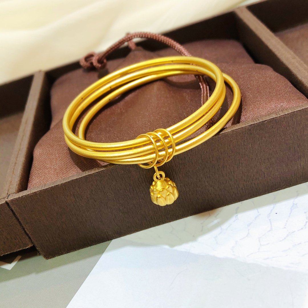 (今日10折)正品足金999金古法莲蓬配饰三圈黄金手镯