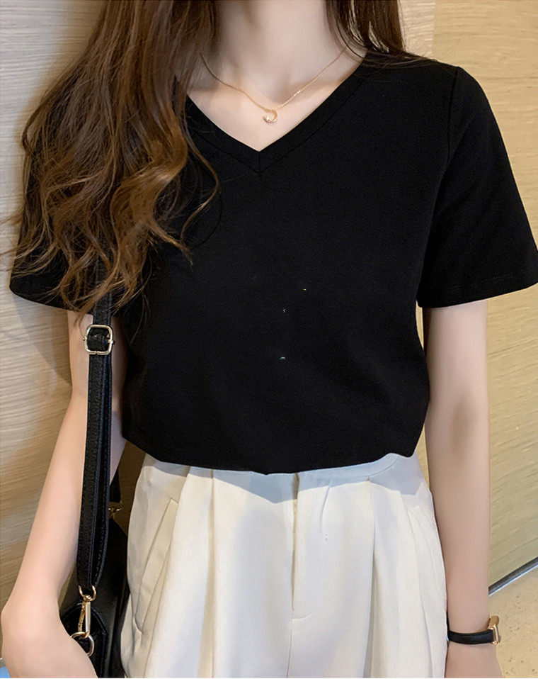 黑色短袖t恤女2022早春新款夏季修身纯棉打底衫薄款学生v领上衣服