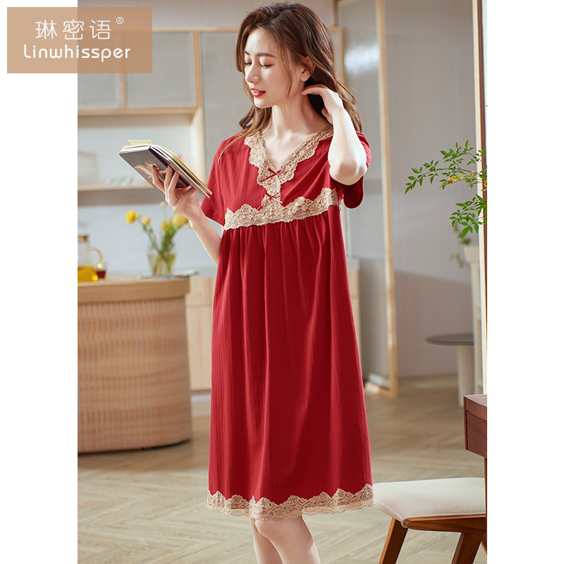 红色睡裙女夏季纯棉薄款短袖本命年睡衣新娘结婚家居服大码连衣裙