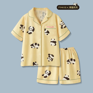 冰丝睡衣女夏季高级感熊猫短袖短裤套装2024新款可外穿女款家居服