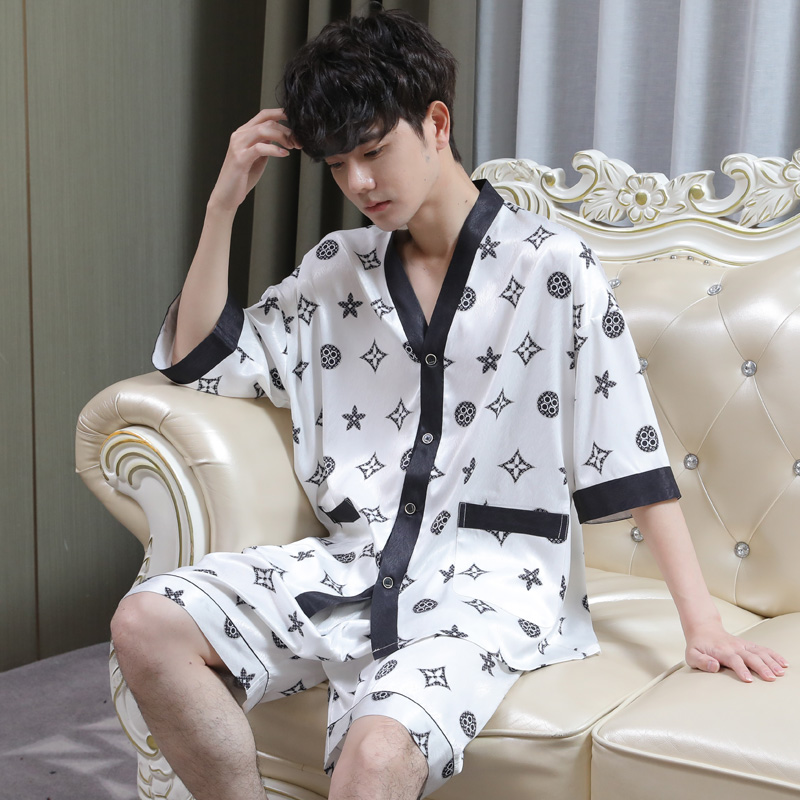睡衣男士冰丝夏季短袖男款短裤夏天套装春秋款男生薄款丝绸家居服