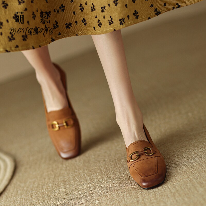 法式复古粗跟单鞋女英伦风低跟小皮鞋方头浅口软底棕色真皮乐福鞋