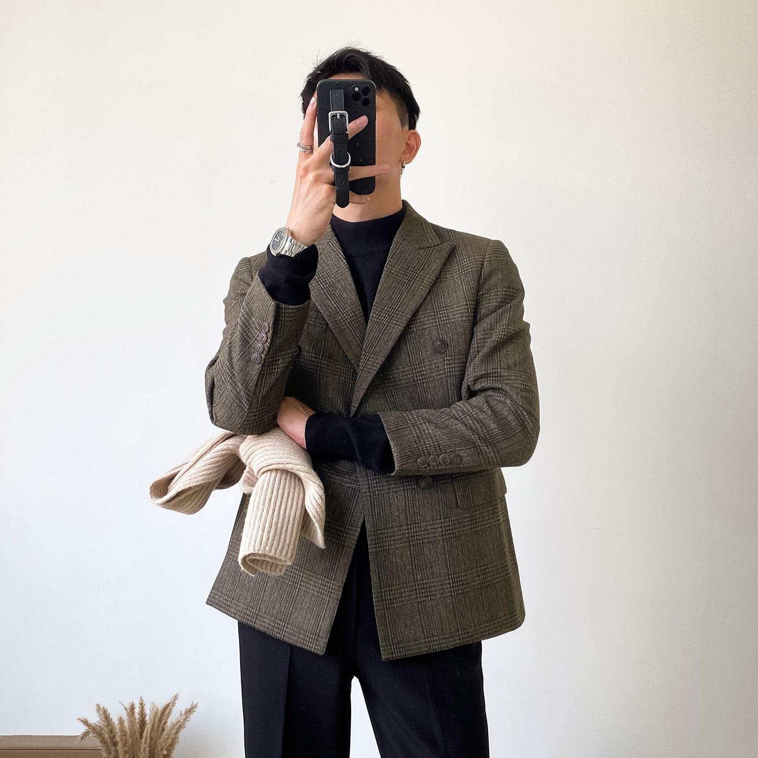 春秋季复古休闲西服上衣男韩版修身英伦风格子双排扣小西装外套潮