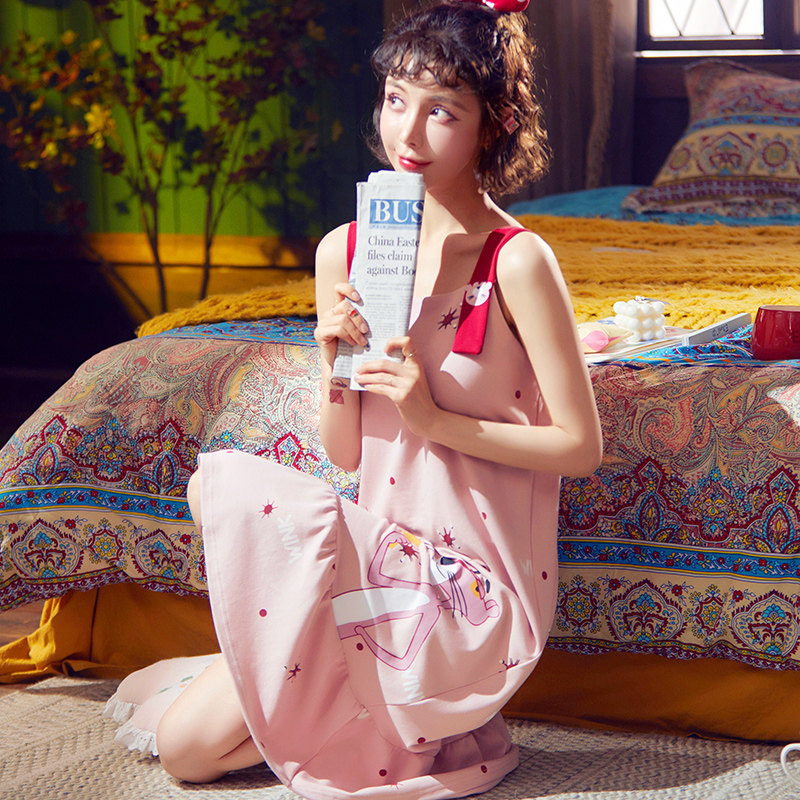 派对旗舰店的优惠券大全—睡裙女夏季纯棉长款清新可爱吊带学生睡衣