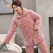Pajamas women's autumn and winter three-layer thickening and velvet coral fleece quilted middle-aged and elderly mother suits home clothes winter models