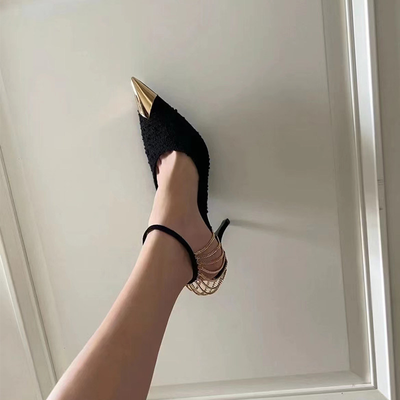 rose高跟鞋金属链条2022夏新款slp流苏尖头细跟性感朴彩英凉鞋女