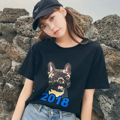 实拍2018新款韩版卡通印花T恤女学生短袖BF风上衣半袖体恤服