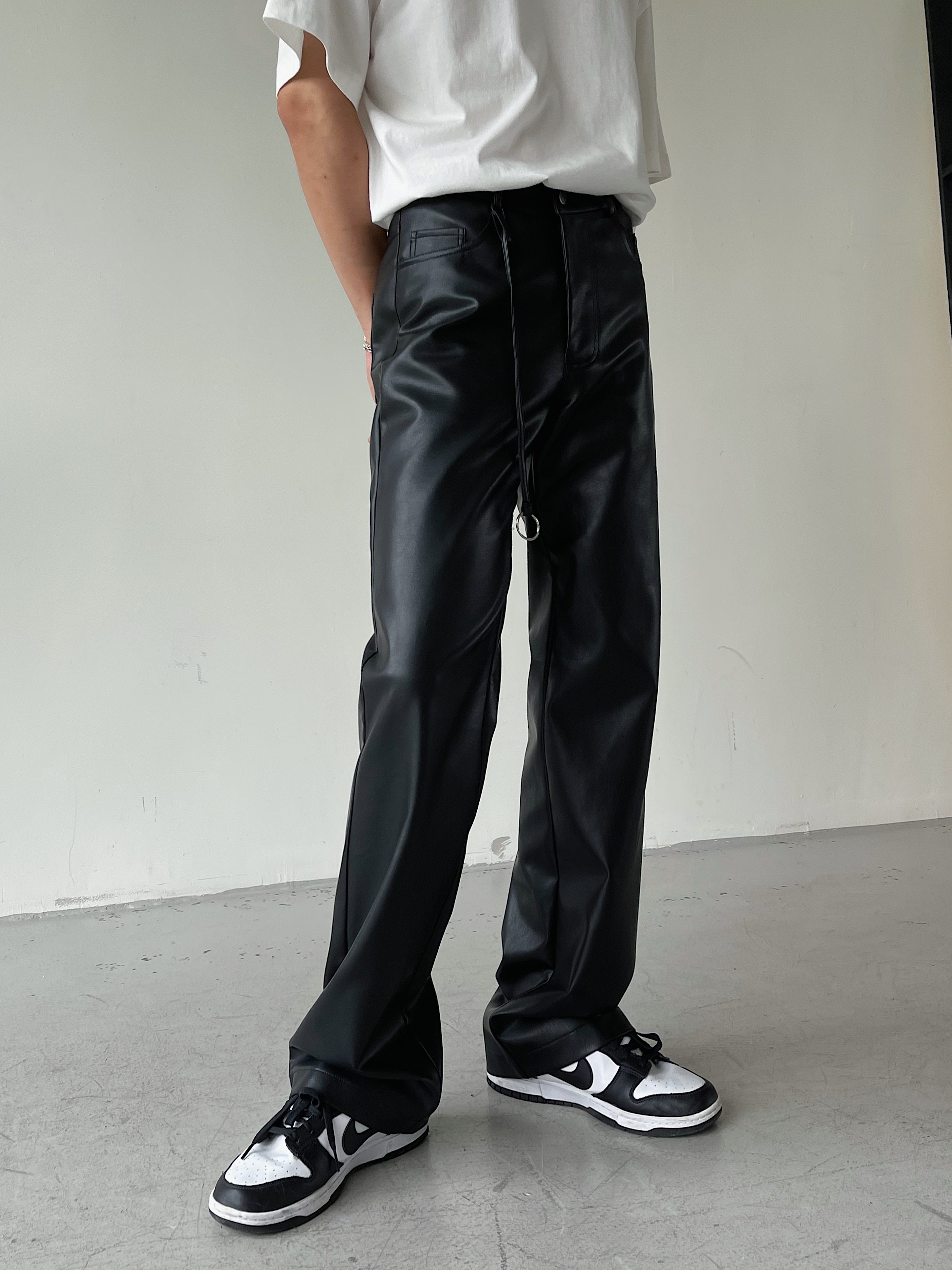 weave studio 21秋冬 显高一流皮裤 哑光黑直筒长裤宽松男金属ins