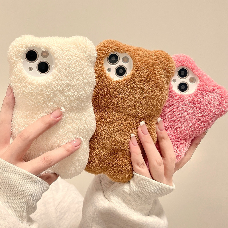简约纯色毛绒小熊适用iphone14手机壳苹果13promax新款12小众11秋冬