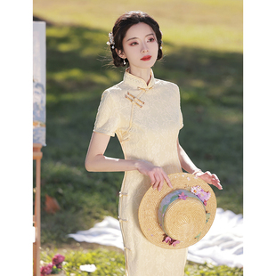 蕾丝旗袍2024新款黄色夏季年轻款少女改良连衣裙小个子日常新中式