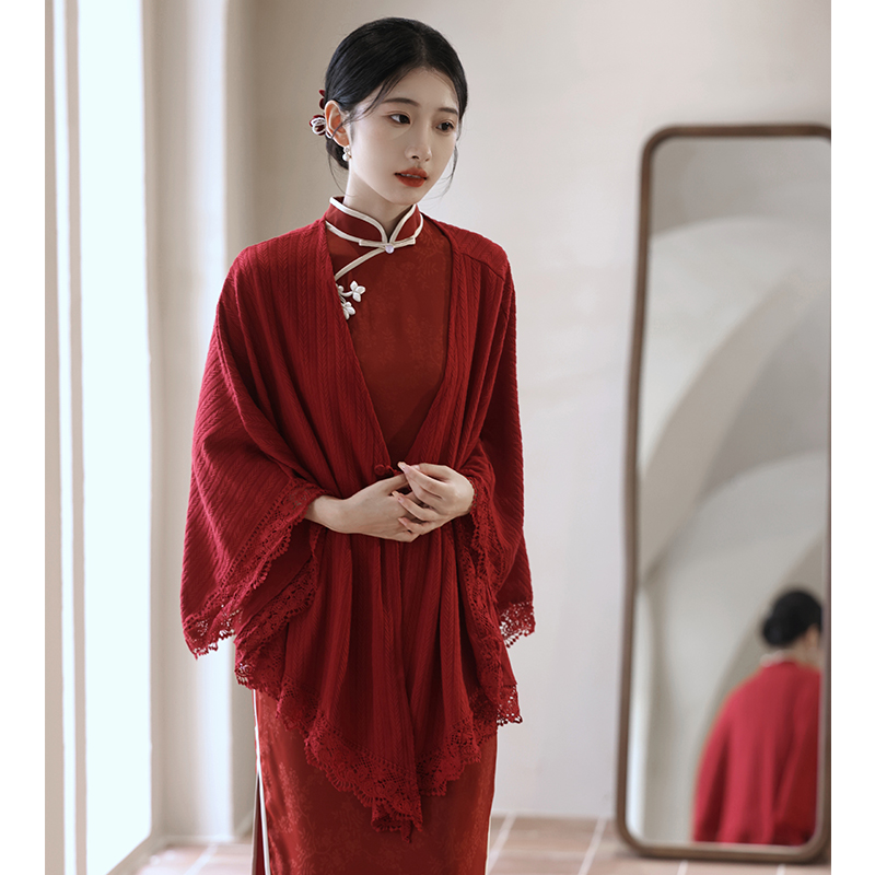 新中式红色配旗袍披肩结婚敬酒服新娘妈妈年轻款礼服外套披风外搭