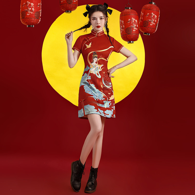 国潮旗袍2022年新款夏季年轻款少女改良红色炸街中国风小个子短款