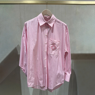 M家法单纯元2024春夏新款女装时尚粉色条纹宽松长袖衬衫上衣