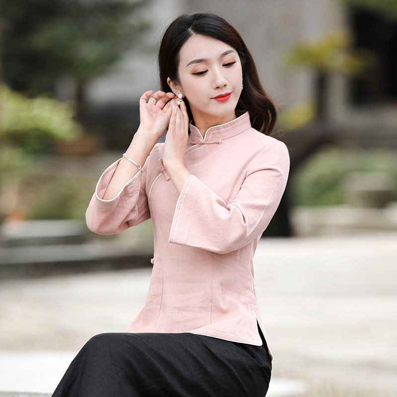 筠雅唐装女中国风斜襟盘扣上衣女士素色气质茶艺师民国风复古女装