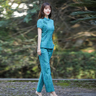 筠雅民族风套装女夏新中式棉麻职业套装减龄文艺复古小个子女装