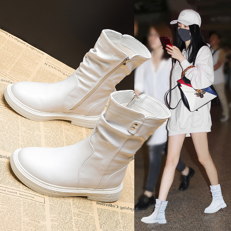 白色靴子女秋冬百搭女鞋2021爆款平底短靴加绒单靴韩版中筒马丁靴