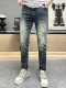欧货时尚蓝色轻奢高端牛仔裤男士2024春季新款格子印花破洞小脚裤