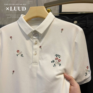 LUUD 新中式小花卉清爽刺绣POLO衫翻领男生文艺短袖修身保罗上衣