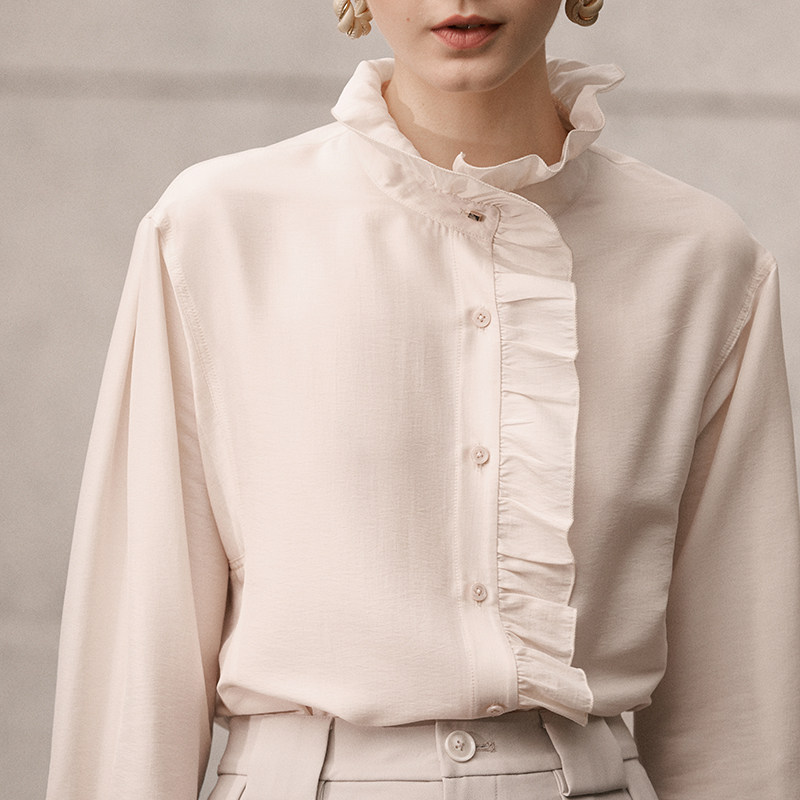 三醋酸拉夫领衬衫2021早春新款女荷叶边上衣法式风琴褶衬衣设计感