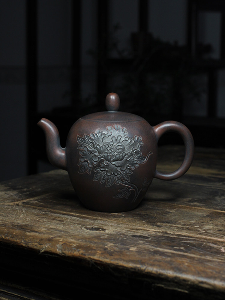 钦州坭兴陶名家美人肩牡丹壶纯全手工浮雕壶原矿紫泥茶具