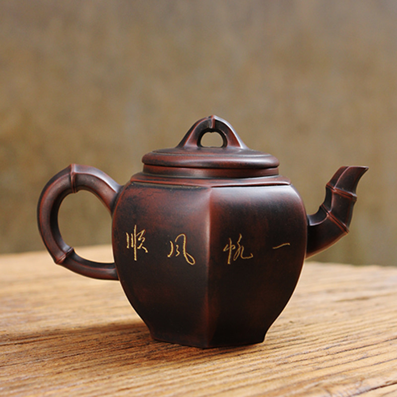 钦州坭兴陶名家邱一峰竹润六方壶纯全手拍原矿泥壶包邮