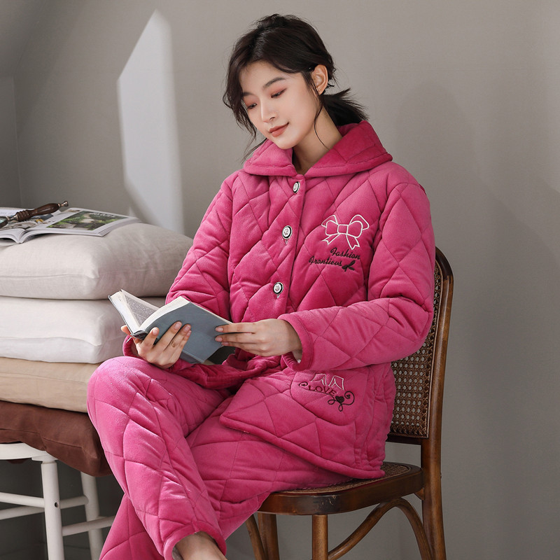 睡衣青年女士冬季珊瑚绒三层加厚加绒保暖夹棉法兰绒秋冬天家居服