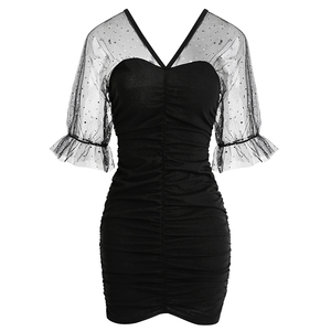 Sequin mesh stitched sleeve pleated buttock dress