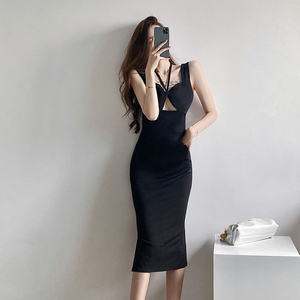 Hollow neck sleeveless medium length high waist black dress