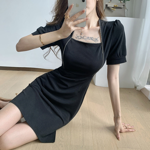 Temperament light familiar square neck short sleeve waist tight slim black skirt short dress dress