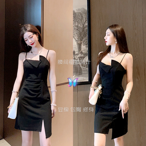 Spot ~ real shot ~ New Sexy dark Department slim suspender small black skirt， slim dress
