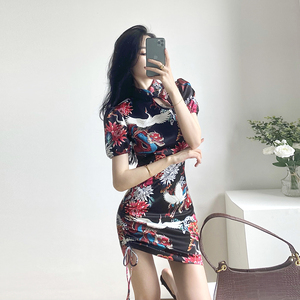 Real shot spot summer new print Chinese style improved drawstring girl slim dress cheongsam