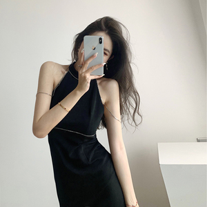 Sleeveless round neck high waist solid chain waist small black skirt A-line dress