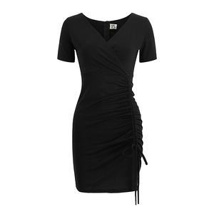 Real shot spot ~ New V-neck waist waist hem drawstring Strap Black Short Sleeve Hip Wrap thin dress