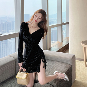 Real shooting spot autumn and winter new golden velvet flash V-neck pleated drawstring long sleeve thin split dress