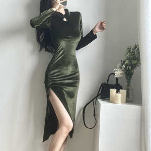 Real shot spot ~ autumn and winter New Vintage velvet solid color drawstring temperament elegant cheongsam dress