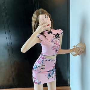 Girls' summer new youth open navel Top + half length skirt cheongsam suit skirt