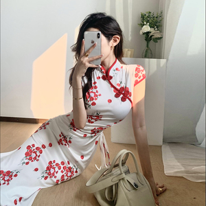 Vintage unique open waist drawcord shows thin waist split short sleeve medium long cheongsam