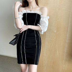 Real shooting spot ~ins unique design personalized color contrast off shoulder slim fit bubble short sleeve Hip Wrap Dre