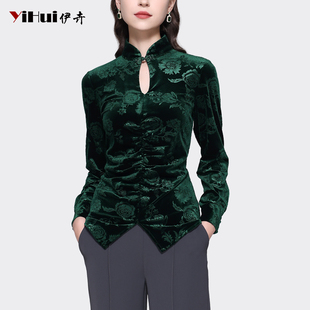 丝绒印花国风盘扣衬衫女设计感气质修身弹力墨绿色打底衫上衣秋装