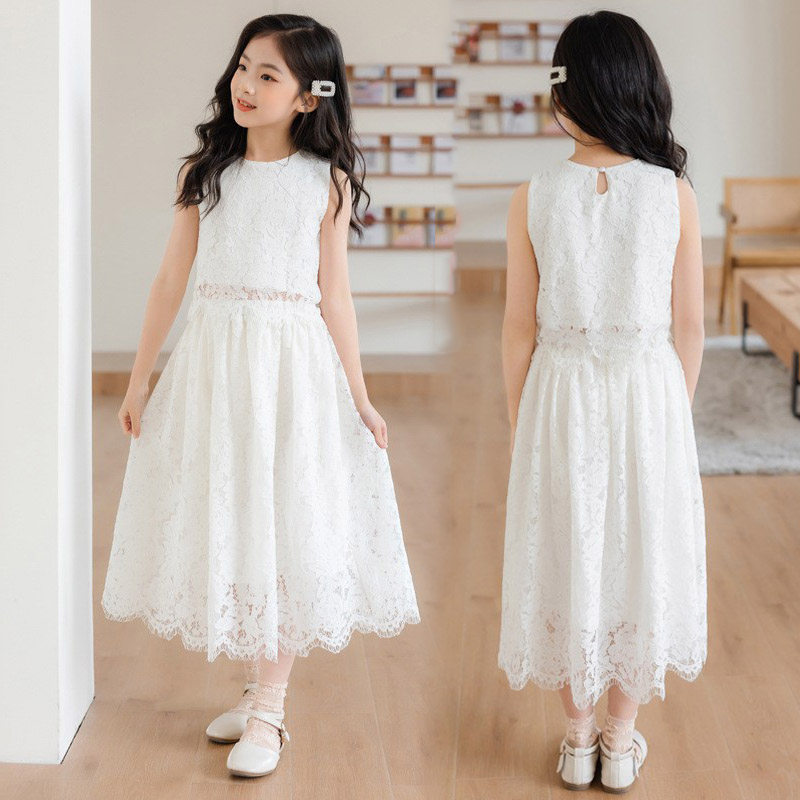女童白色连衣裙长裙超仙韩版中大童背心裙儿童洋气公主套装裙子夏