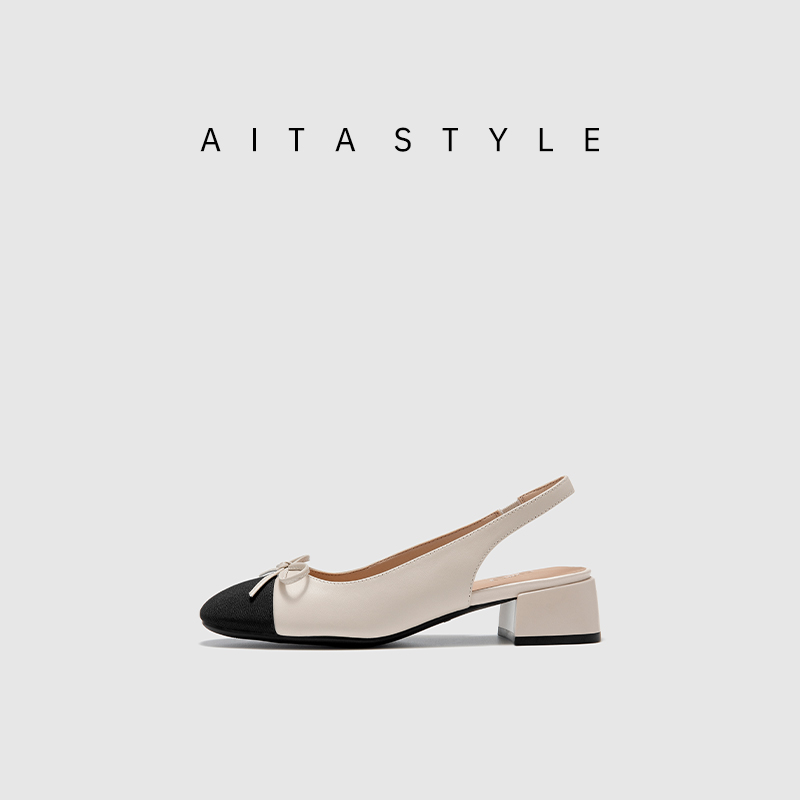 AITA/艾塔羊皮米色女鞋浅口平底鞋复古时尚凉鞋法式粗跟单鞋真皮