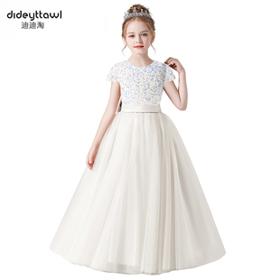 迪迪淘儿童钢琴演奏礼服女童晚礼服花童婚礼小女孩白色蓬蓬公主裙